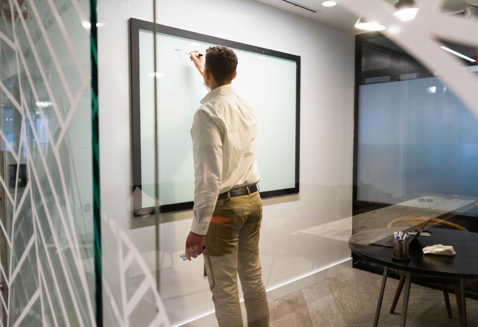Presenter walking a team through an operating review at a whiteboard