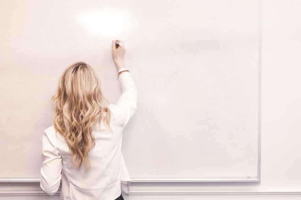 Person mapping a process on a whiteboard